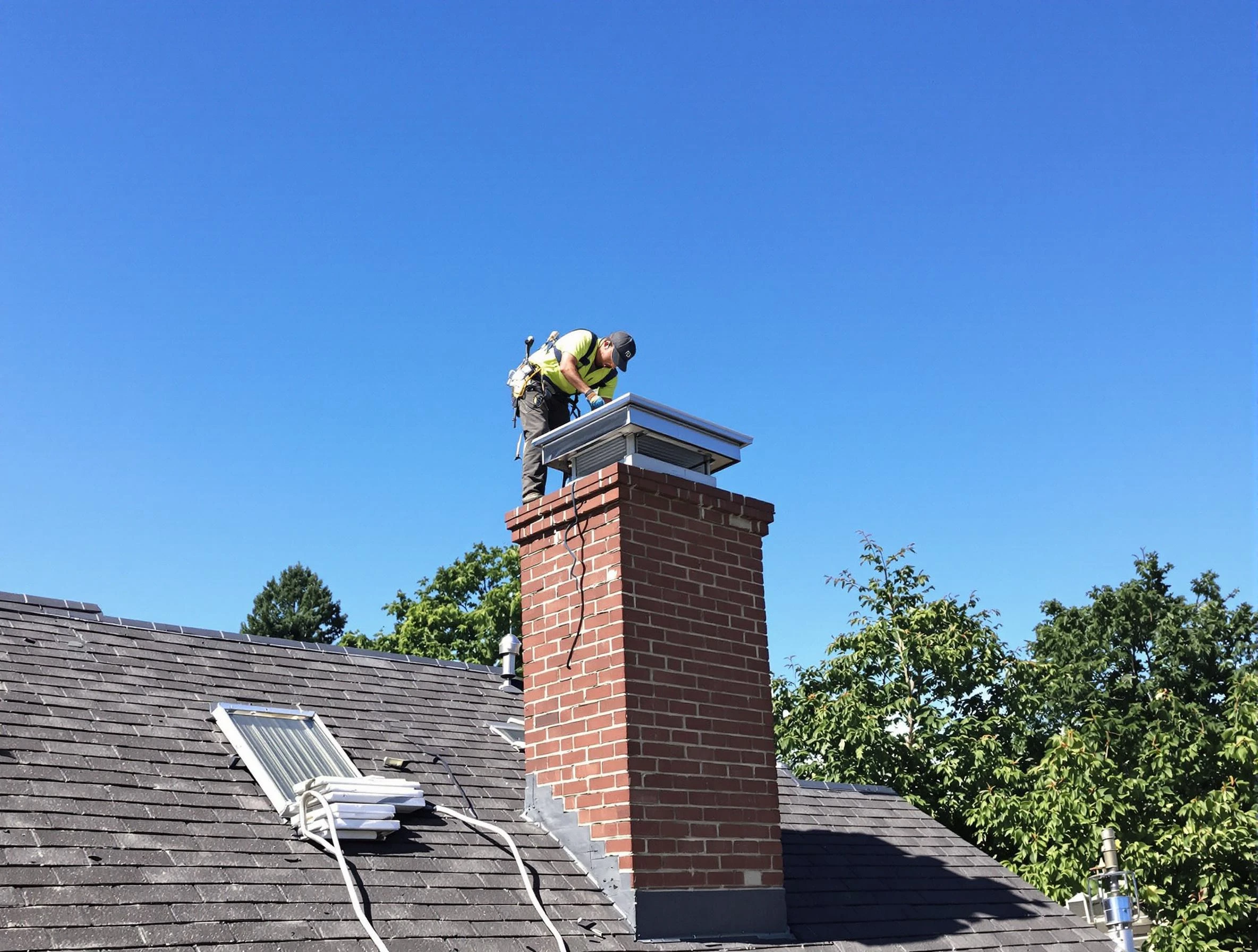 Hiram Chimney Sweep technician measuring a chimney cap in Hiram, GA