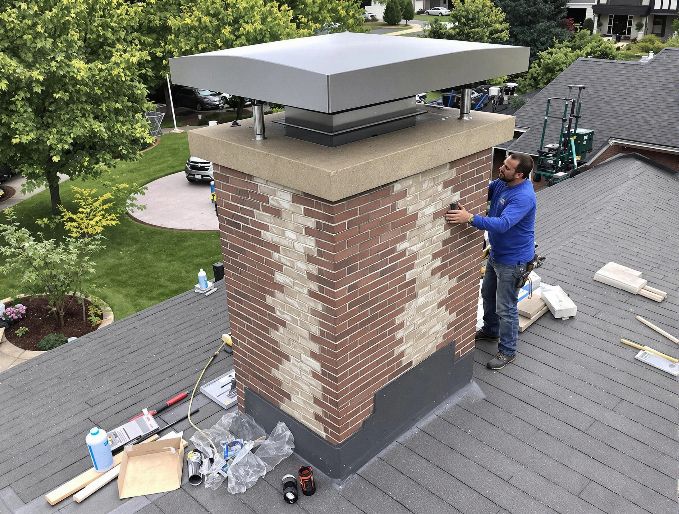 Hiram Chimney Sweep team working on a custom chimney remodel in Hiram, GA